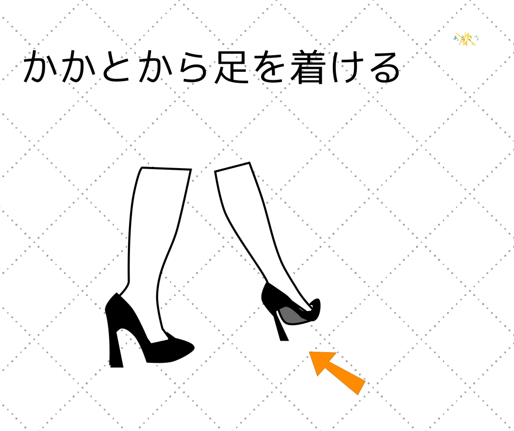 ハイヒールで歩くときも、かかとから足を地面につけて、足のうらの外側を通して、親指から身体を前にうごかします。